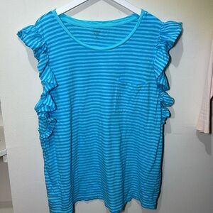 Crown & Ivy Top Womens 2X Blue Aqua Striped Ruffle Flutter Sleeve Cotton
